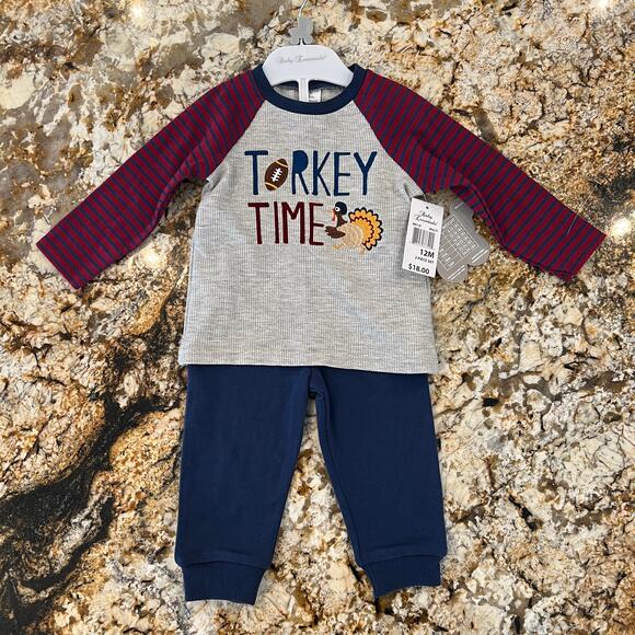 NWT Baby Essentials Navy & Grey Thanksgiving/Football Shirt & Pants - SIZE 12M - Picture 2 of 7